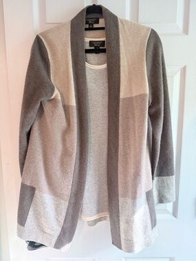 2-Pc Charter Club Taupe and Cream Colorblock Open Cardigan and Sheath dress SET